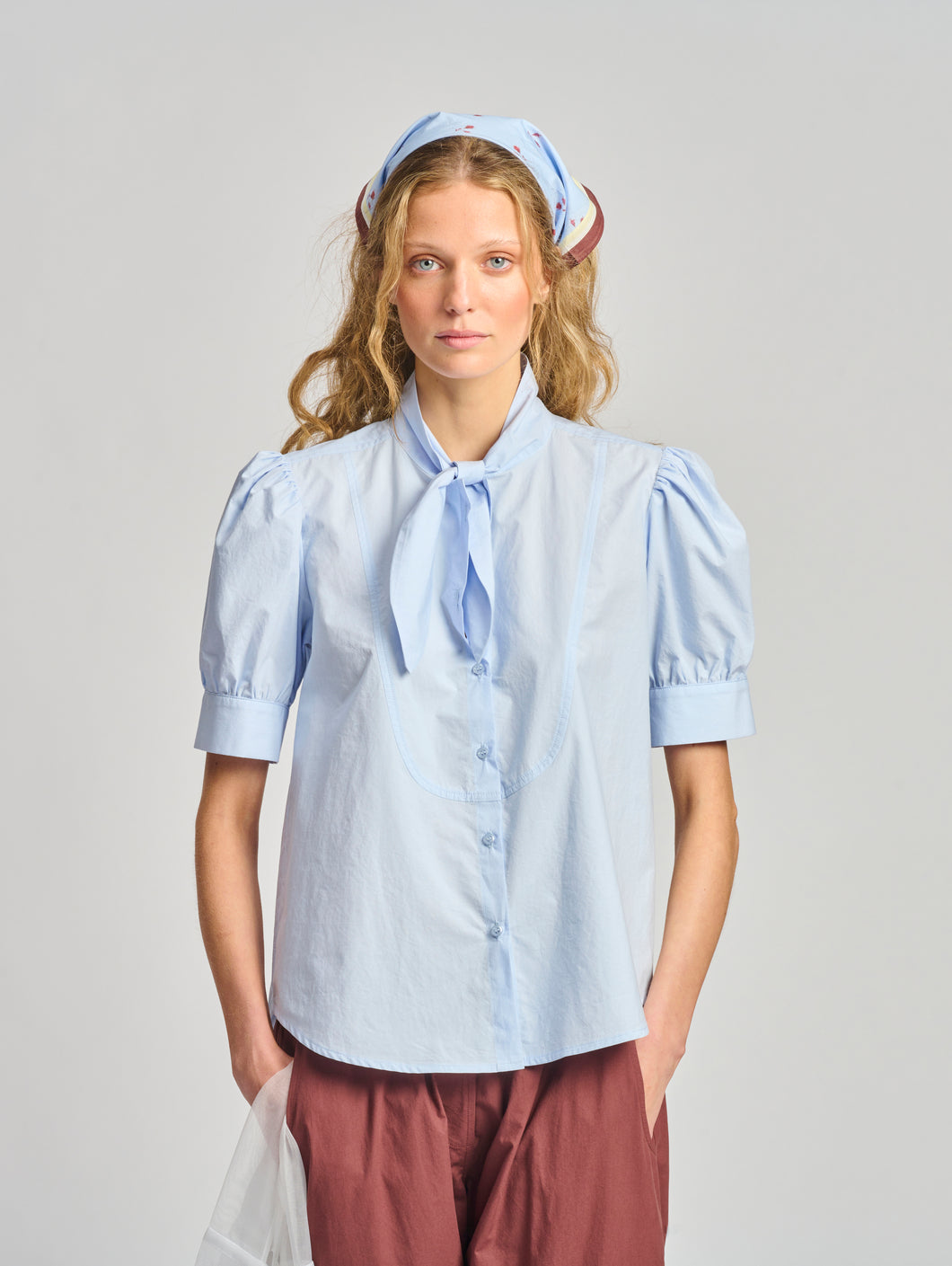 La Barista Tie Neck Tux Shirt - Bluebell
